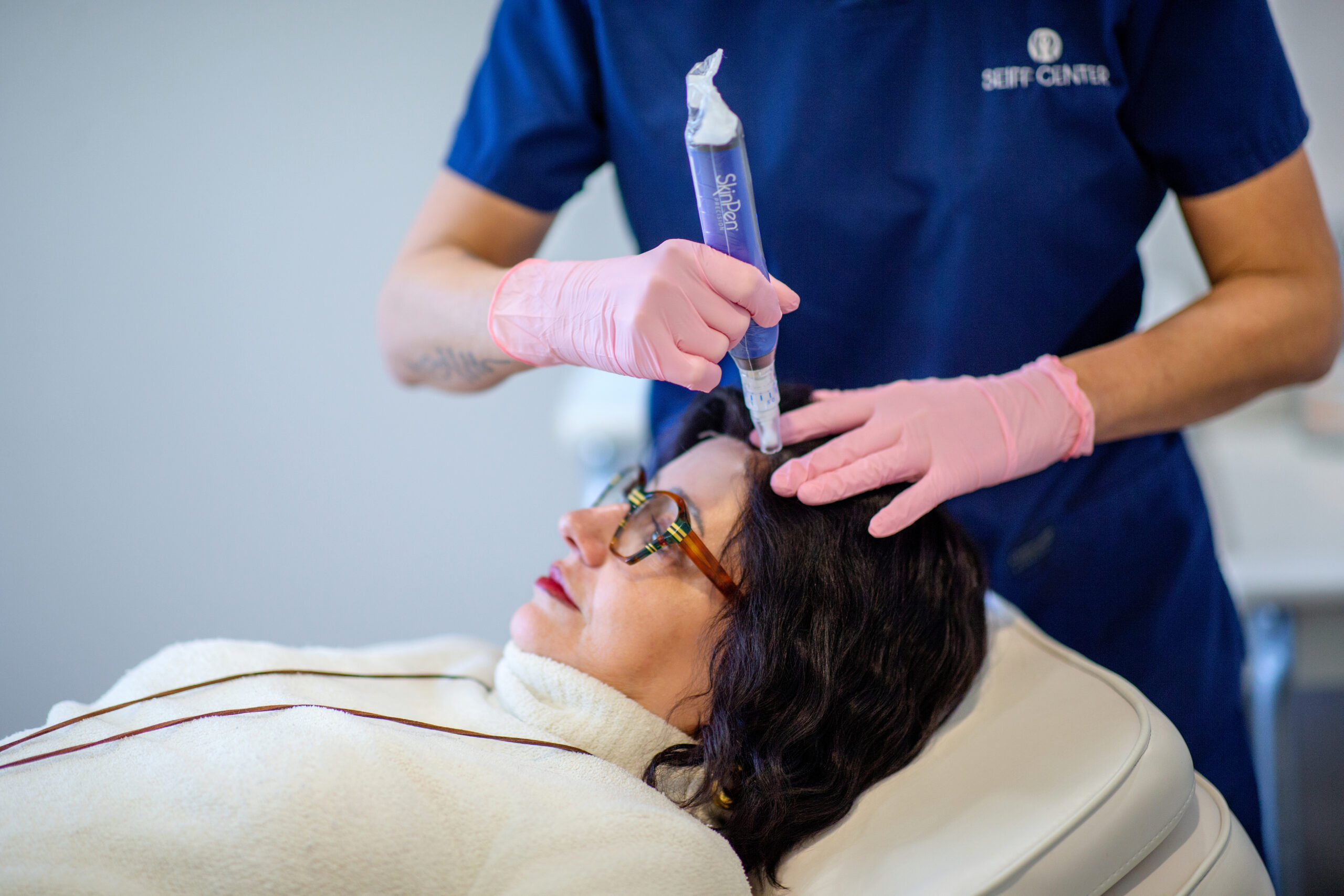 Close-up of hair restoration procedure at Seiff Center medispa