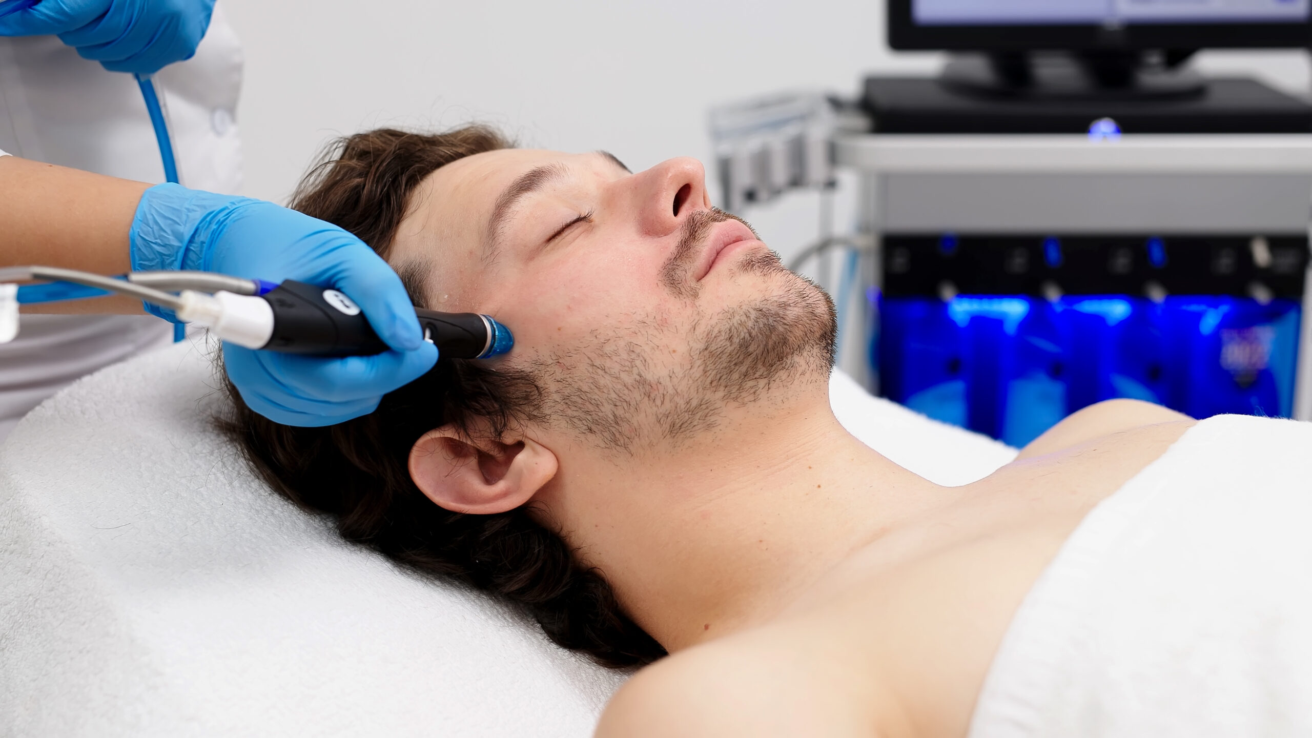 A skilled female cosmetologist performing a hydrofacial at the Seiff Center